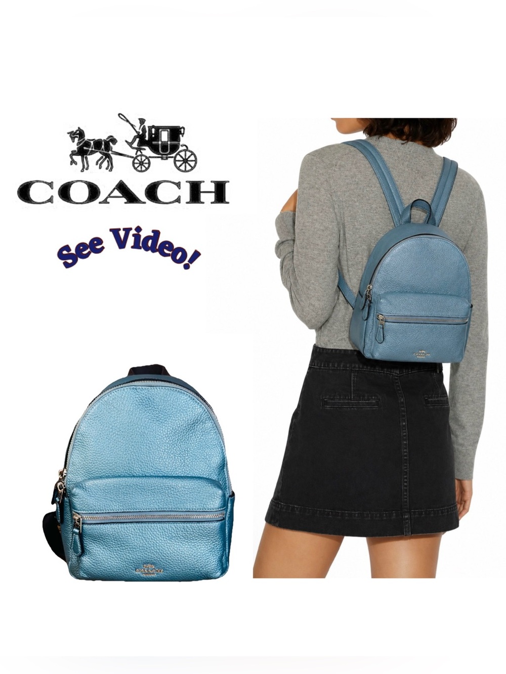 🩵 Coach Mini Charlie Pebble Leather Metallic Sky Blue Backpack 🩵